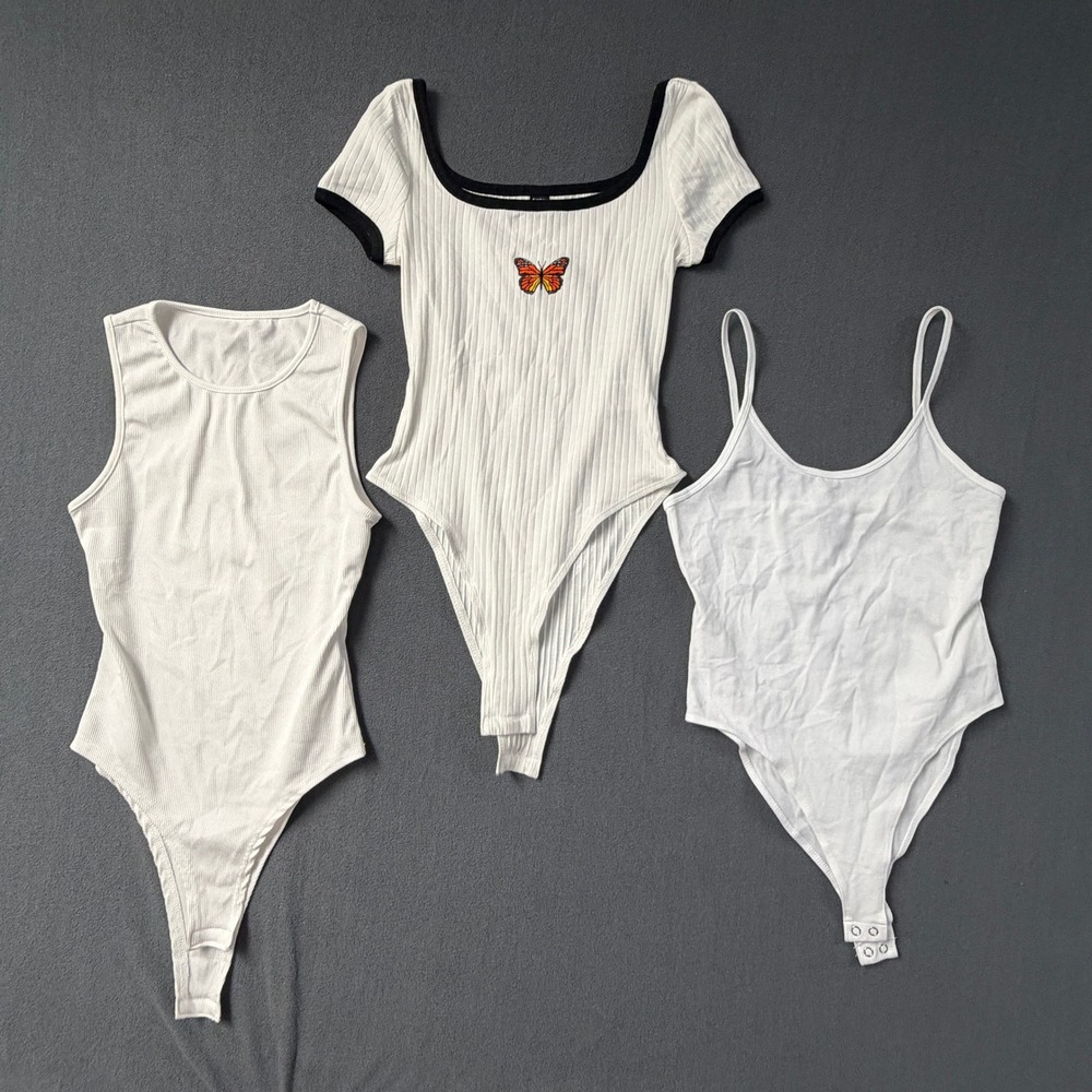 SHEIN Forever 21 Bodysuit Lot 3pc White‎ Butterfly Ribbed Cami NWT XS S Bundle
